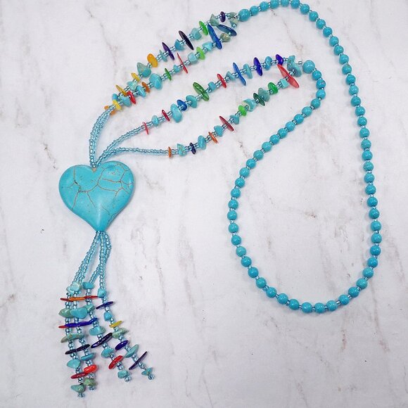 Turquoise Heart Stone Necklace with Multi Color Stones and stone beaded tassel. - Picture 1 of 8